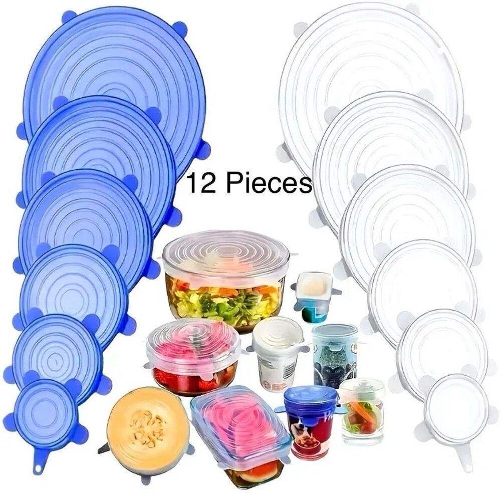 NWT 12 Piece Great Silicone Stretch Clear Universal Container Bowl Reusable Lids